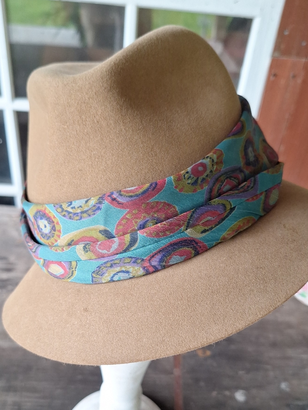 Tan Felt Fedora with Patterned Turquoise vintage mans tie
